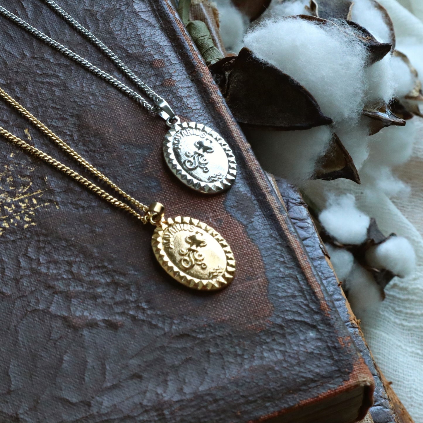 Aquarius Vintage Zodiac Pendant Necklace in Gold or Silver