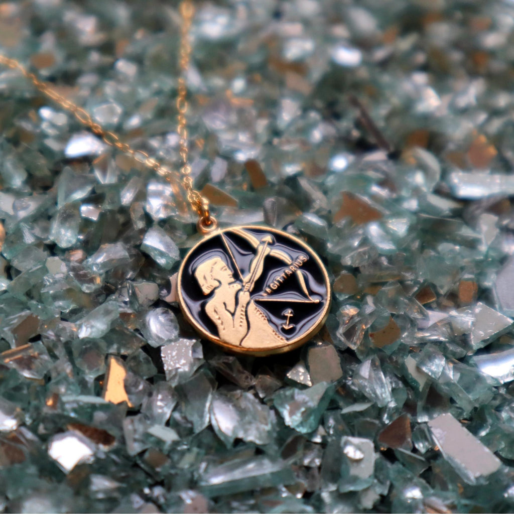 Sagittarius Black Coin Enamel Zodiac Necklace